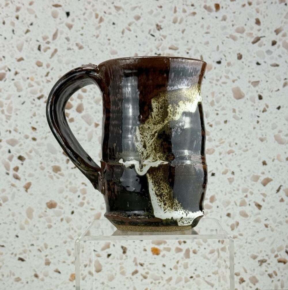 Handmade Stoneware pottery Mug Brown White Glaze thick handle